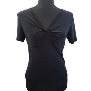 Susan Lawrence V-Neck Black Knit Top‎ Shirt Sz PM Petite Medium Short Sleeve